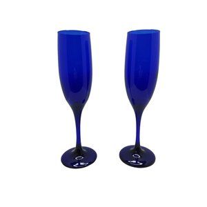 vintage libbeys pair of flutted colbalt blue champagne glasses bar ware